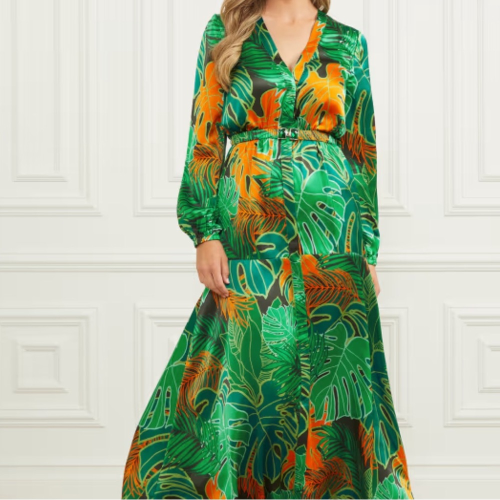 NWT Guess By Marciano Amazon Leaf Belted 100% Silk Maxi Dress Size 0